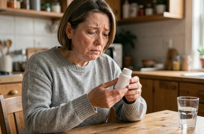 Femme d'âge mûr inquiète tenant un flacon de complément alimentaire Synapsyl, illustrant les effets secondaires potentiels