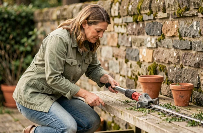 Femme examinant la tête de coupe d'un taille-haie télescopique posé sur un établi de jardin en bois