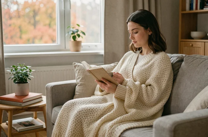Jeune femme lisant un livre blottie dans un plaid sur un canapé dans un salon scandinave apaisant pour se ressourcer au quotidien