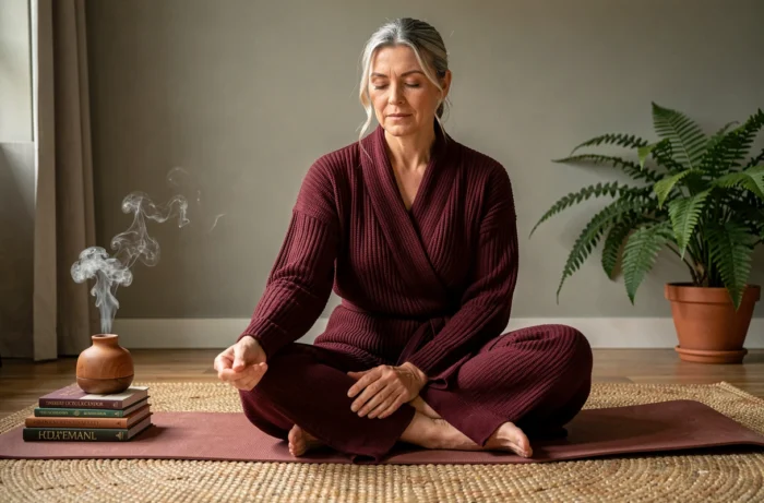 Femme en méditation se grattant la main gauche sur un tapis de yoga, illustration de la symbolique spirituelle et ésotérique