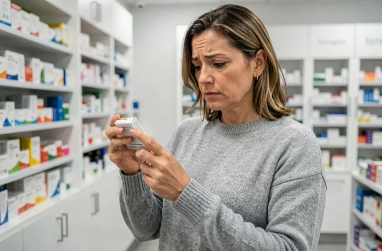 Femme lisant la notice d'un médicament en pharmacie, illustrant les questions sur les effets secondaires d'Acthéane sur le poids