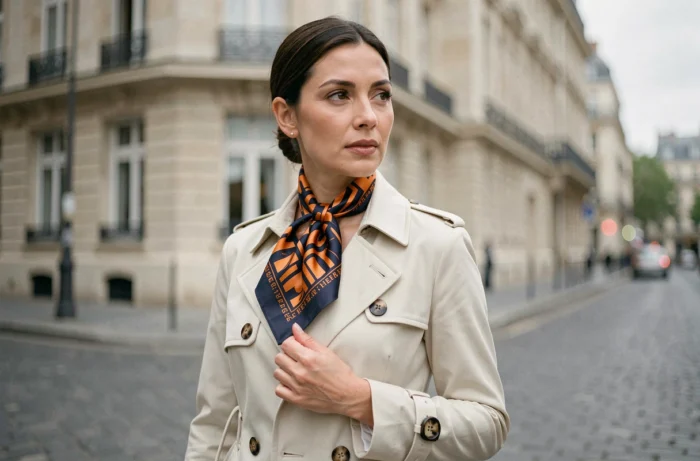 Femme élégante portant un carré Hermès noué autour du cou dans une rue pavée de Paris avec immeuble haussmannien en arrière-plan