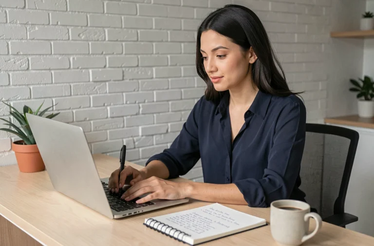 Femme cherchant un emploi en ligne depuis son bureau à domicile avec un ordinateur portable