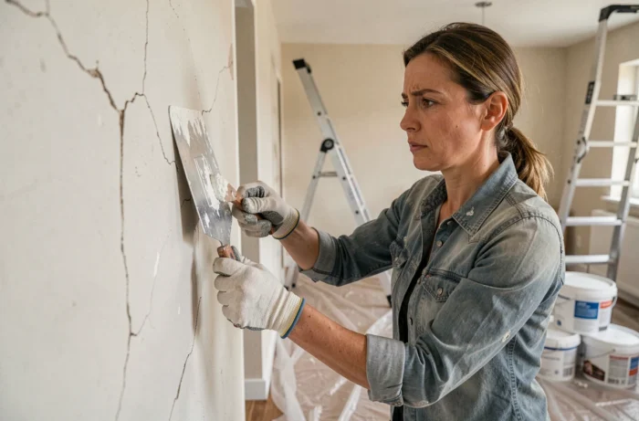 Femme appliquant de l'enduit sur un mur fissuré lors de travaux de rénovation intérieure