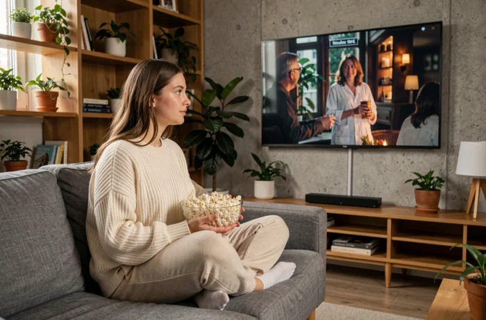 Jeune femme regardant un film en streaming sur sa télévision depuis son canapé confortable à la maison