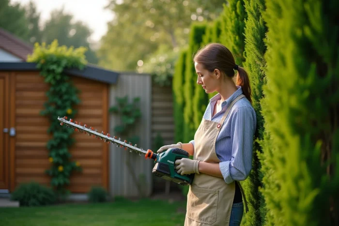 Femme utilisant une taille-haie électrique pour former une haie de thuya dans un jardin privé