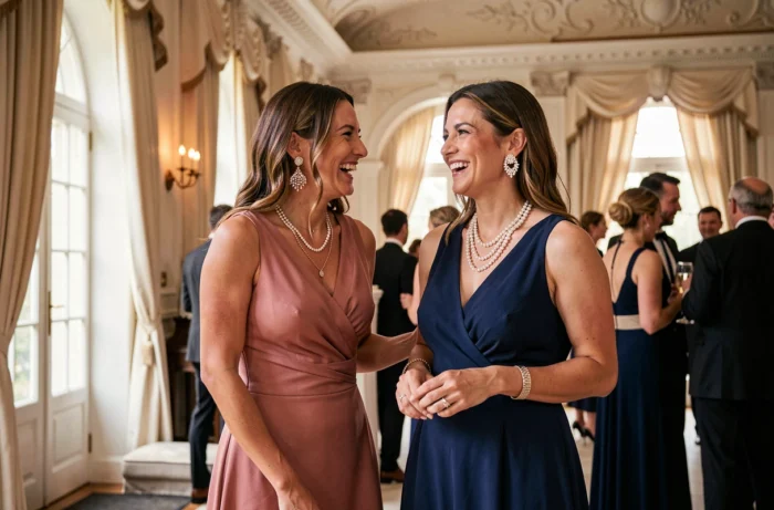 Deux femmes élégantes portant des bijoux lumineux et des robes de gala dans un grand salon orné lors d'une soirée de prestige