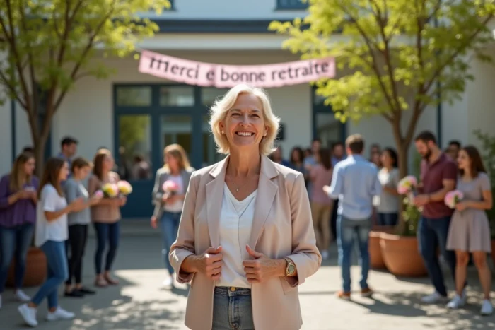 Fête de départ à la retraite d'une maîtresse dans la cour d'école avec parents, collègues et élèves