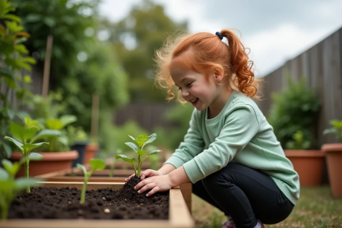 Fillette de 8 ans explorant des plantes dans un potager extérieur, activité de jardinage pédagogique pour enfants