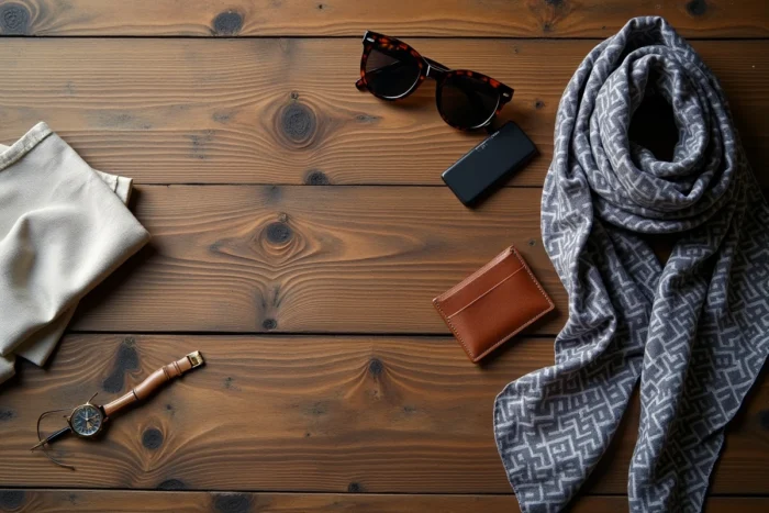 Plat posé d'accessoires de style uniques incluant foulard en soie, lunettes et montre minimaliste sur bois brut