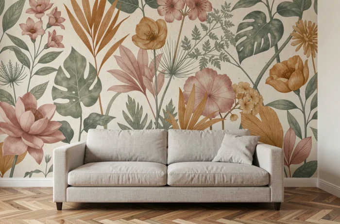 Fresque murale imprimée en lé unique représentant un paysage botanique abstrait dans des tons sauge, rose et ocre, posée sur un mur entier d'un salon minimaliste.