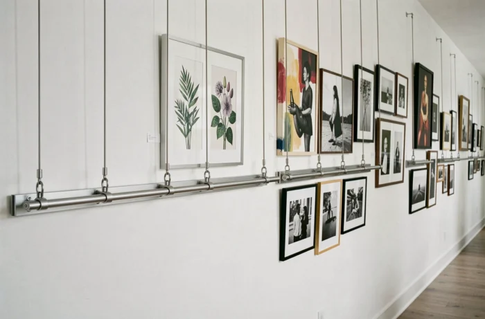 Galerie murale modulable avec système de cimaise en aluminium et câbles acier dans un couloir, présentant une sélection de cadres de formats variés à hauteurs ajustables.