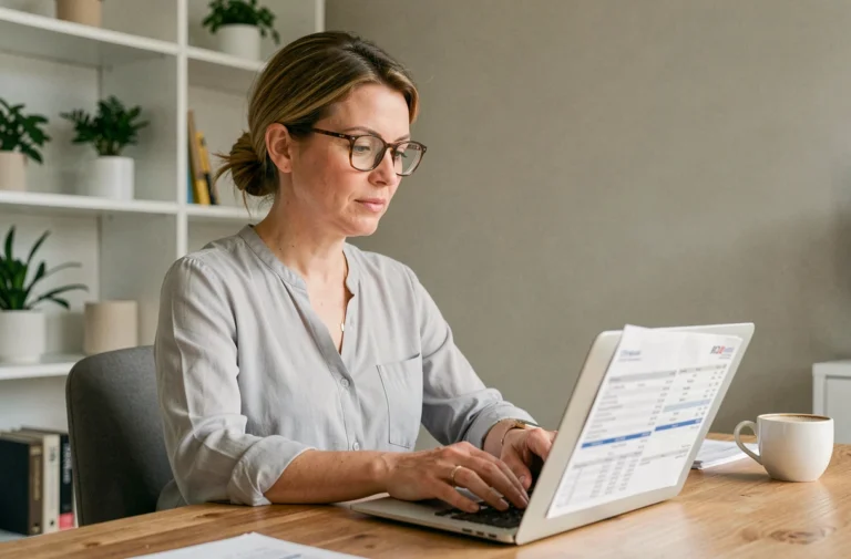 Femme gérant ses finances personnelles sur un ordinateur portable dans un bureau à domicile moderne