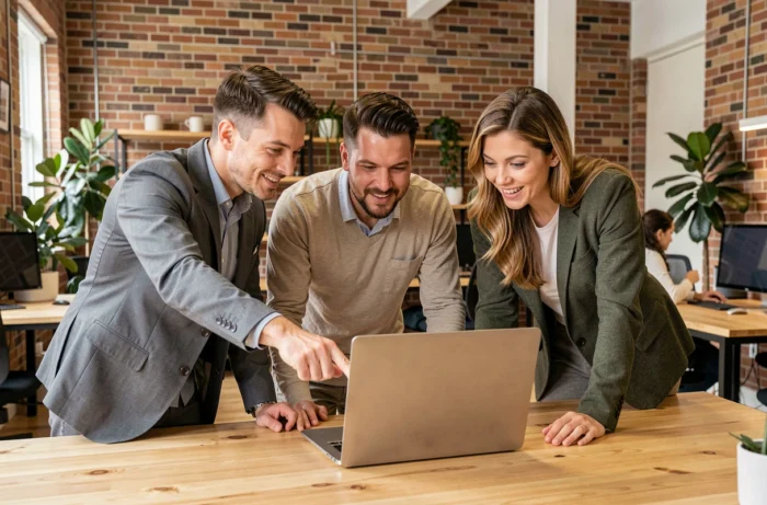 Groupe de professionnels collaborant autour d'un ordinateur portable dans un espace de coworking, symbolisant l'apprentissage collectif et la montée en compétences