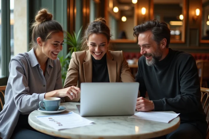 Groupe de professionnels en reconversion échangeant autour d'un ordinateur dans un café parisien