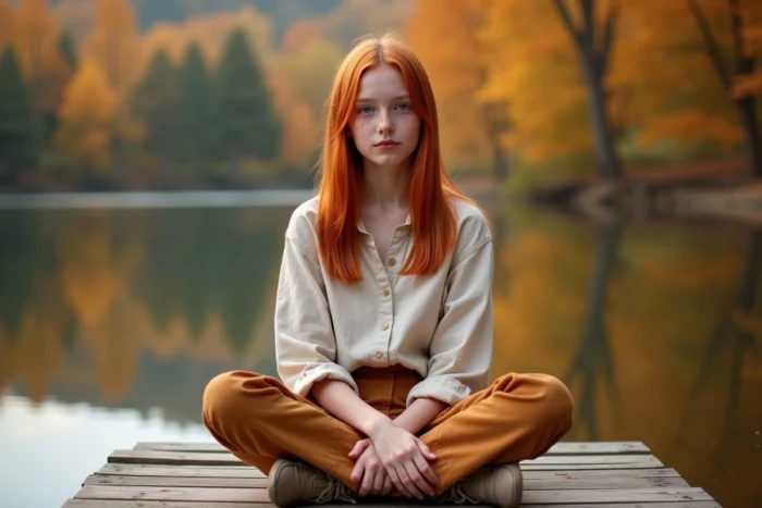Adolescente aux cheveux roux vifs assise sur un ponton en bois au bord d'un lac en automne, référence aux héros roux des films d'animation Disney