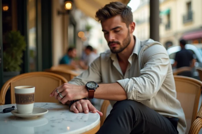 Homme portant des accessoires tendance dont montre vintage et bracelet à une terrasse de café parisien