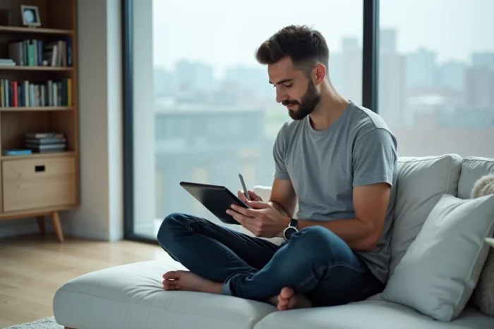 Jeune homme consultant les statistiques de son blog sur une tablette dans un salon moderne et épuré