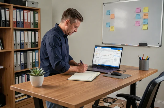 Homme debout à son bureau réglable en hauteur prenant des notes dans un planificateur papier dans un bureau à domicile organisé