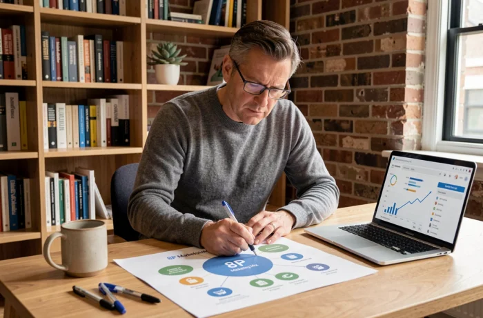 Homme d'affaires annotant un tableau des 8P du marketing mix dans un bureau à domicile élégant