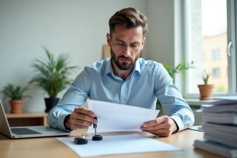 Homme lisant un certificat de non gage à son bureau avec des clés de voiture posées à côté