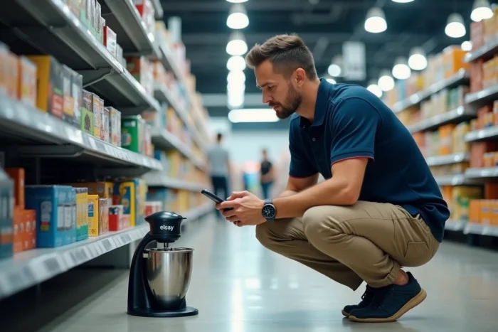 Homme comparant des appareils électroménagers Elsay dans un rayon de supermarché Leclerc