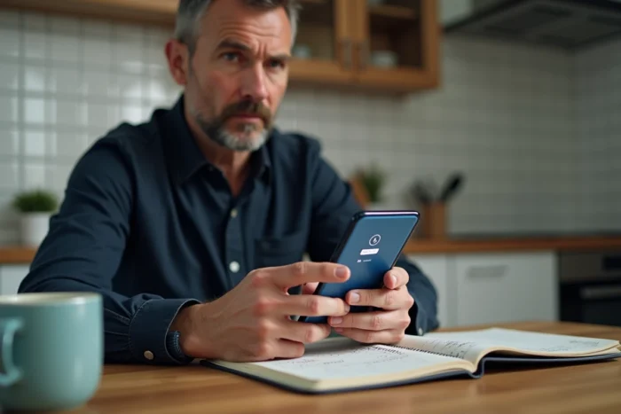Homme essayant de se connecter à e-habillement depuis son domicile avec un smartphone