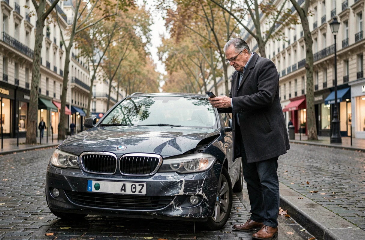 Homme photographiant les dégâts de son véhicule après un accident sur un boulevard parisien