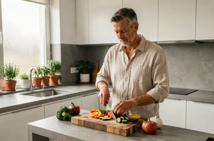 Homme préparant un repas sain avec des légumes frais dans une cuisine moderne dans le cadre d'une routine bien-être quotidienne