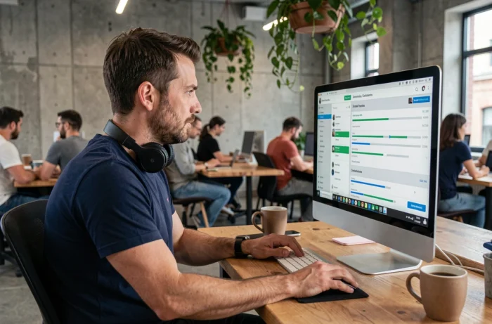 Homme utilisant une plateforme d'apprentissage en ligne dans un espace de coworking moderne avec casque et grand écran