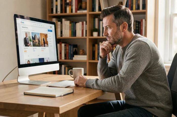 Homme suivant une formation en ligne depuis son bureau à domicile, représentant l'e-learning et la progression de carrière en autonomie