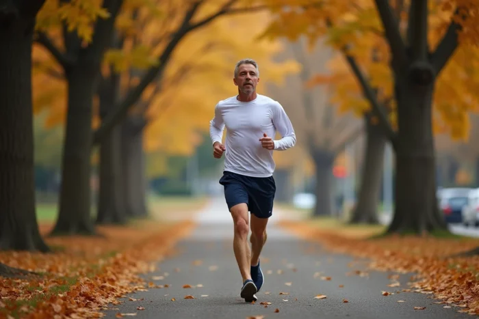 Homme faisant du jogging dans un parc en automne pour perdre du poids durablement grâce à l'exercice physique régulier