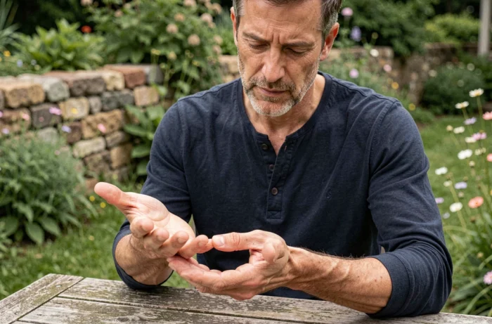Homme examinant sa main gauche dans un jardin zen, explorant la symbolique spirituelle des démangeaisons de la paume