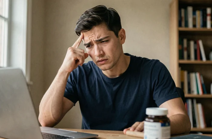 Jeune homme souffrant de maux de tête après la prise d'un supplément cognitif, symbolisant les effets indésirables de Synapsyl