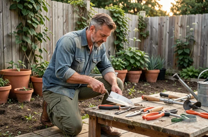 Homme inspectant des outils de jardinage posés sur un établi en bois dans un jardin résidentiel, évaluant la qualité d'une truelle en inox