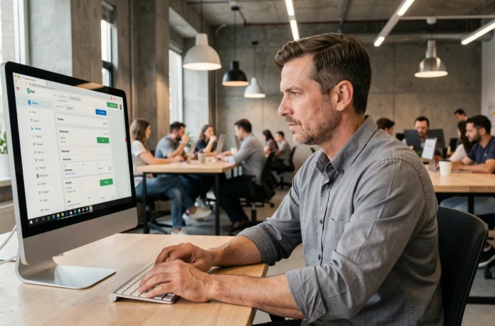 Homme consultant une plateforme d'emploi en ligne dans un espace de coworking moderne