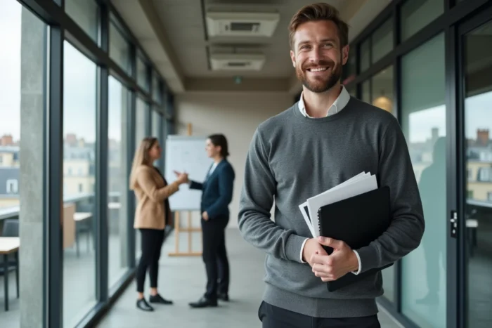 Homme en reconversion discutant avec une formatrice dans un centre de formation parisien