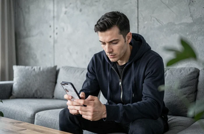 Homme cherchant à retrouver ses demandes envoyées sur Instagram depuis son canapé dans un salon moderne