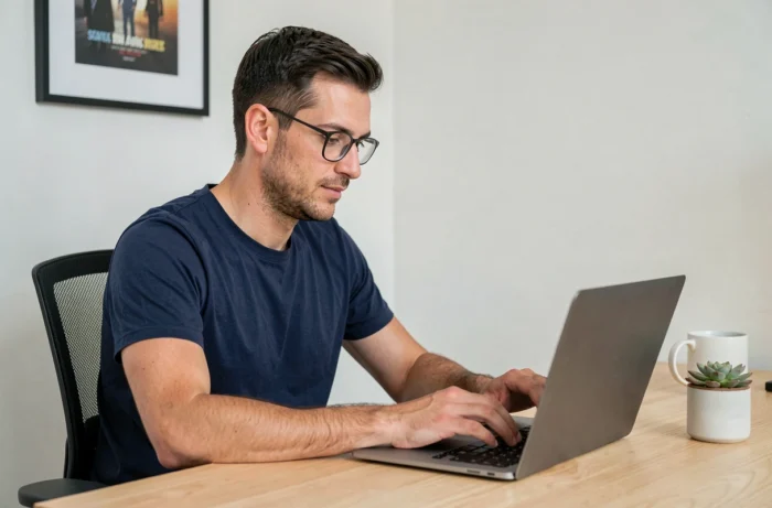 Homme consultant un catalogue de films et séries en streaming sur son ordinateur portable au bureau