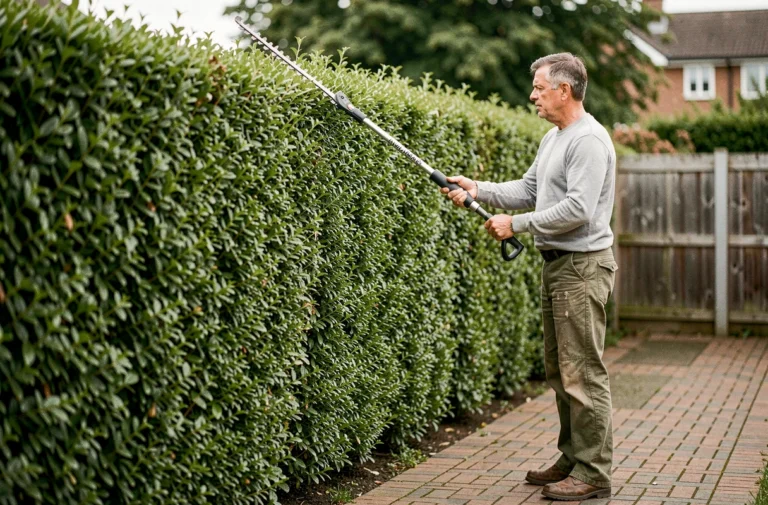 Homme utilisant un taille-haie télescopique pour couper le dessus d'une haute haie de troène dans un jardin résidentiel