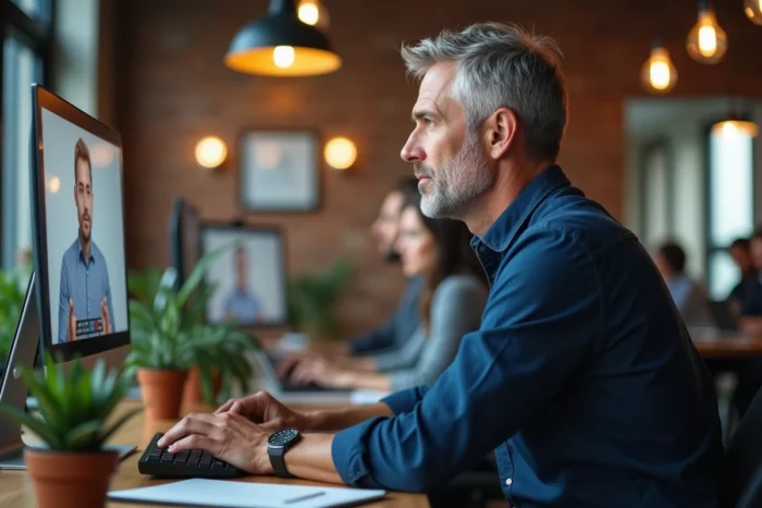 Homme professionnel en télétravail suivant un webinaire dans un espace de coworking moderne