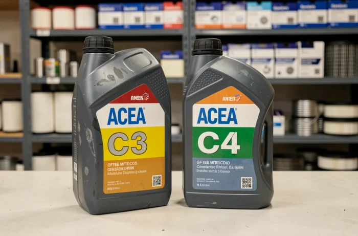 Deux bouteilles d'huile moteur ACEA C3 et C4 côte à côte sur un établi d'atelier automobile