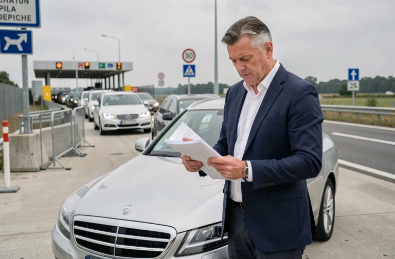 Professionnel examinant des documents d'importation à côté d'une berline allemande à un poste frontière européen