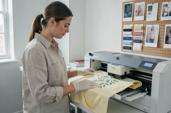 Impression directe sur textile DTG : opératrice supervisant l'impression d'un motif botanique sur tote bag dans un studio moderne