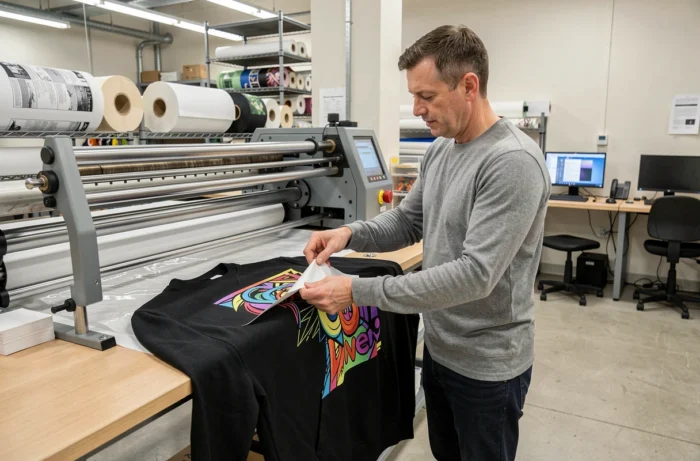 Impression par transfert thermique sur sweat à capuche noir dans un atelier d'impression textile commercial