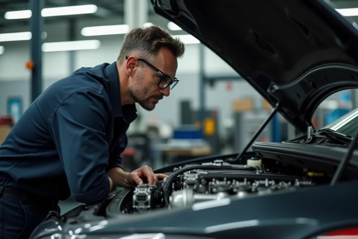 Ingénieur automobile inspectant un moteur hybride dans un atelier professionnel