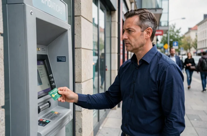 Homme insérant sa carte Crédit Agricole dans un distributeur automatique en agence urbaine