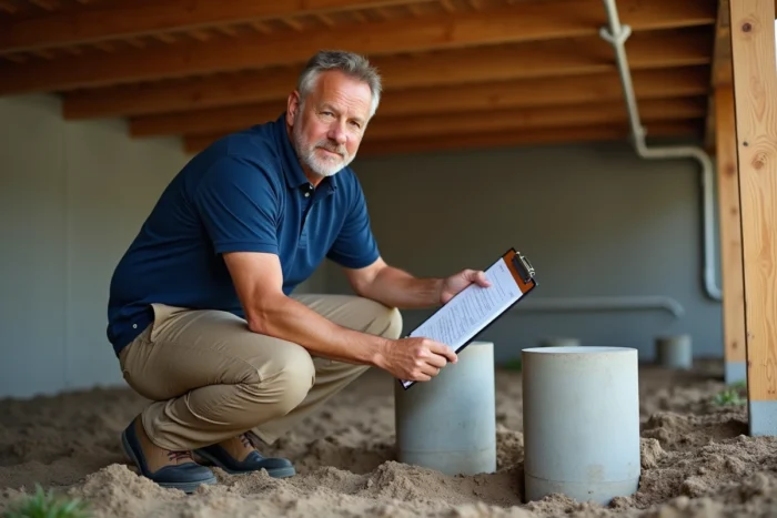 Inspecteur immobilier australien examinant les pilotis en béton sous une maison surélevée lors d'une inspection de fondations