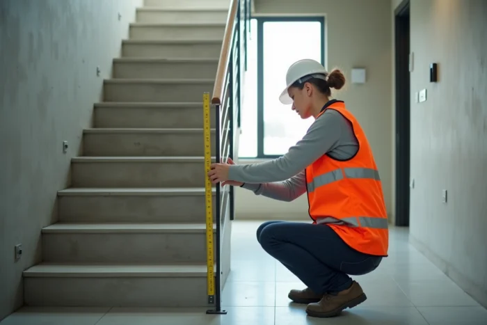 Inspectrice en bâtiment mesurant la hauteur d'une rampe d'escalier lors d'un contrôle de conformité aux normes NF P 01-012 et NF P 01-013