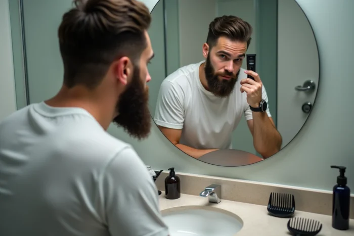 Homme barbu inspectant son dégradé à blanc maison avec un miroir grossissant et des outils de coiffure posés sur le comptoir